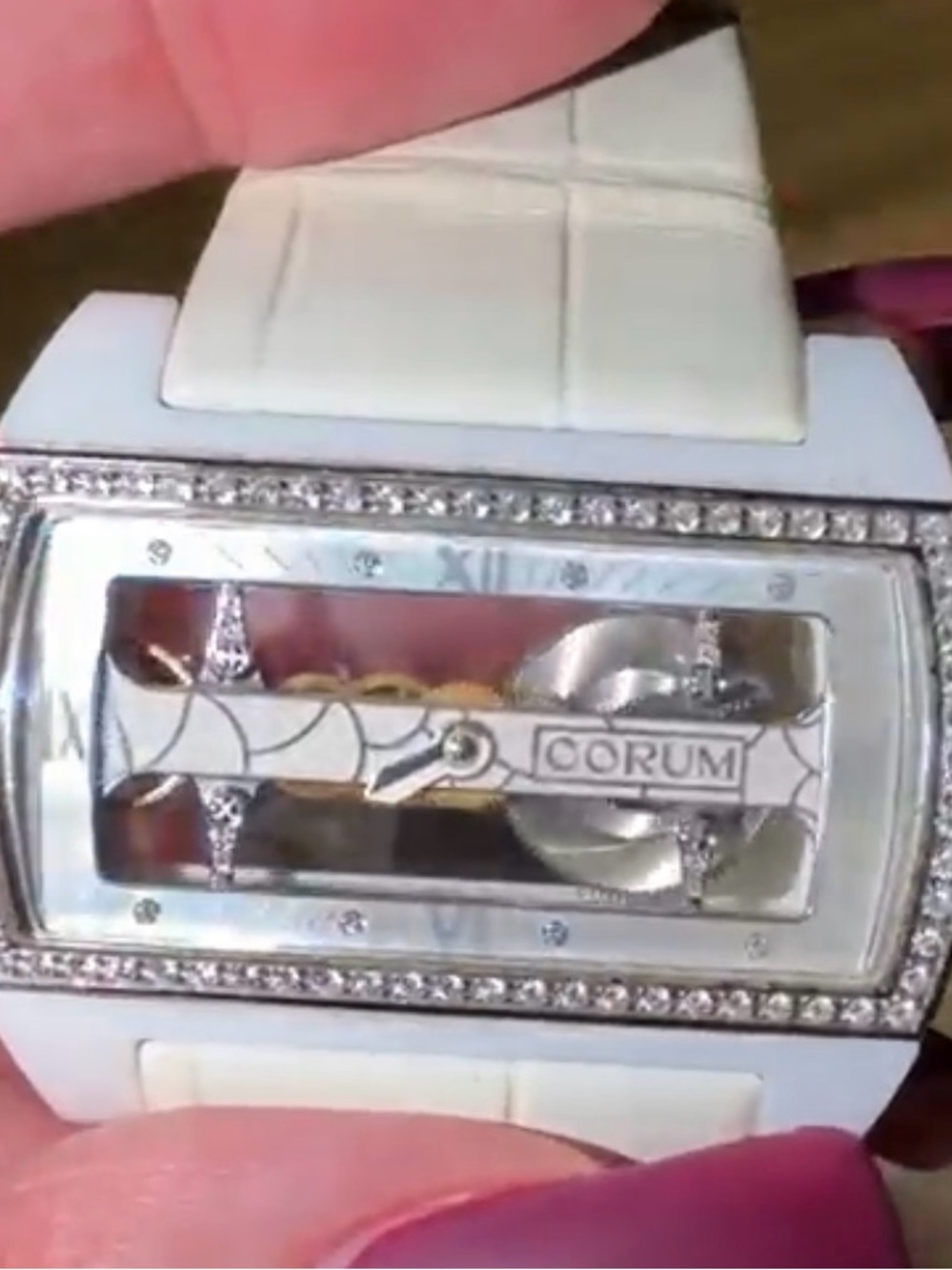 Authentic Corum Women's White Diamond-Accented Skeleton Strap Watch